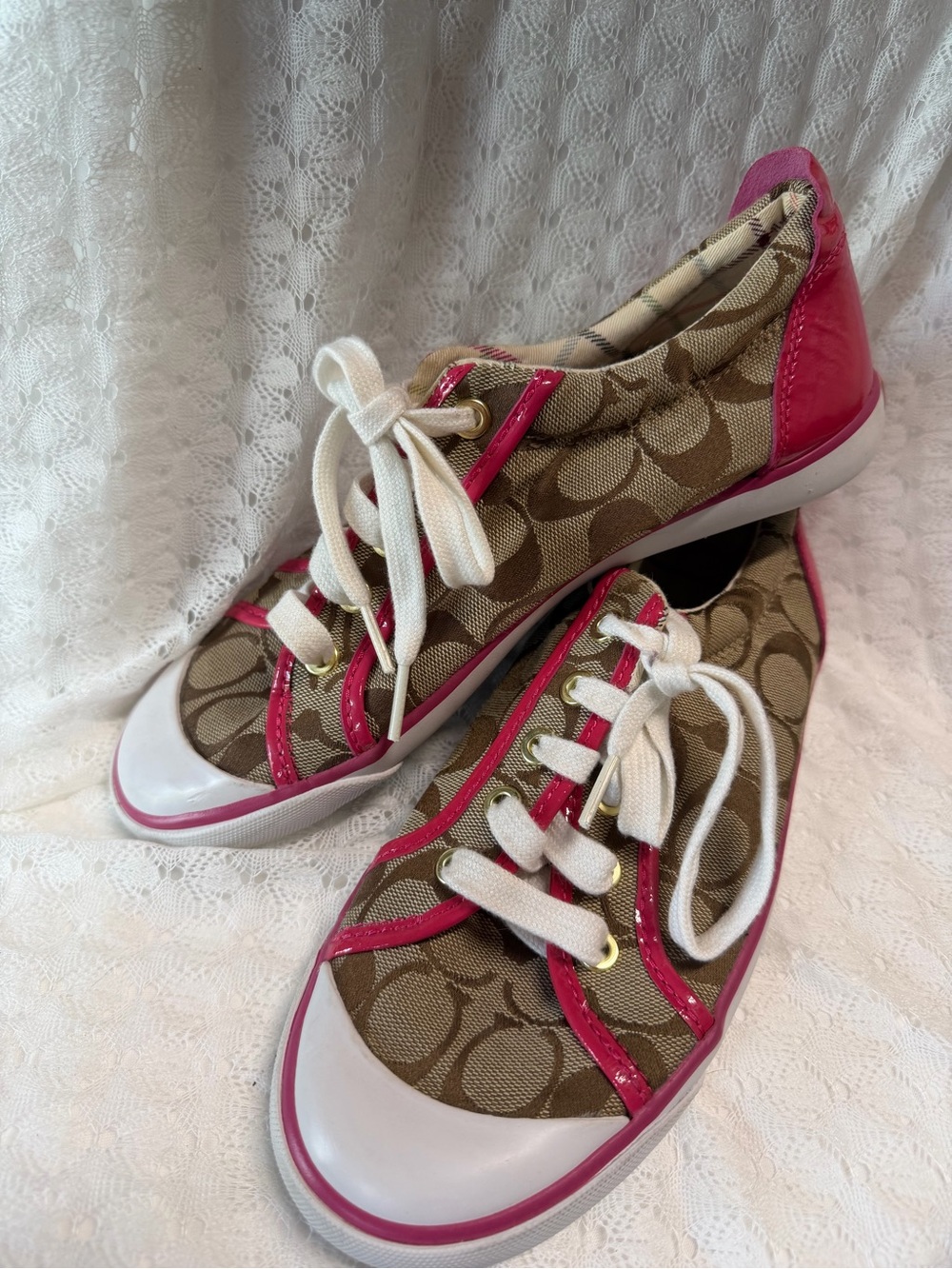 Coach Tan Signature Canvas Sneakers with Pink Patent Trim